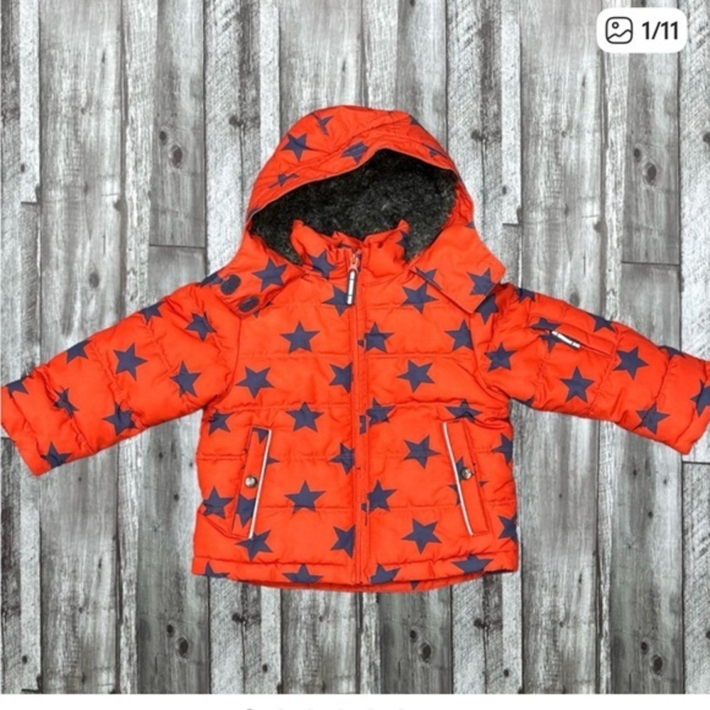 Mini Boden Bright Orange Star Puffer Jacket
